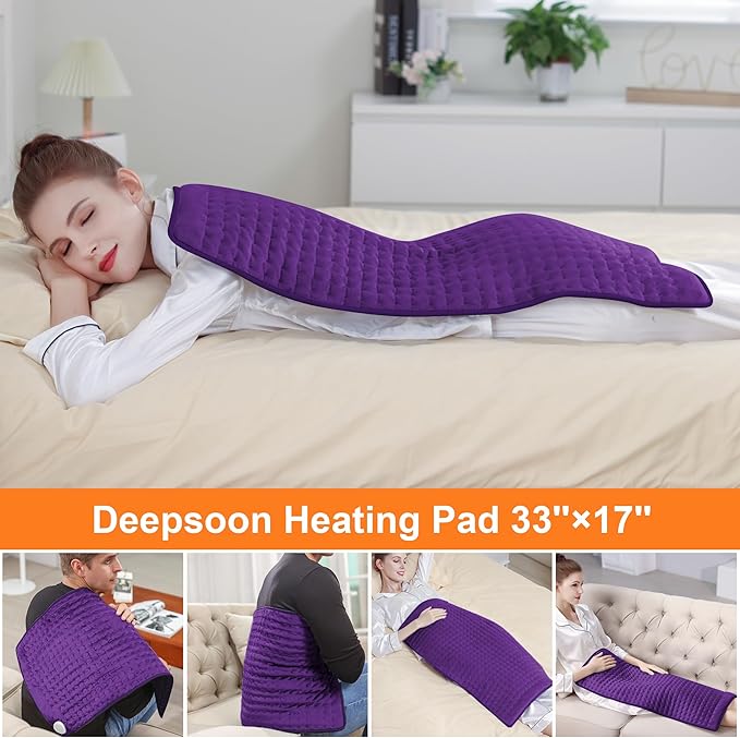 Deepsoon Heating Pad,Electric Heating Pads for Back,Neck,Abdomen,Moist Heating Pad for Shoulder,Knee,Arms,Legs,Dry/Moist Heat & Auto Shut Off,Birthday Gifts for Men and Women,Dark Purple,33x17 Inch Deepsoon