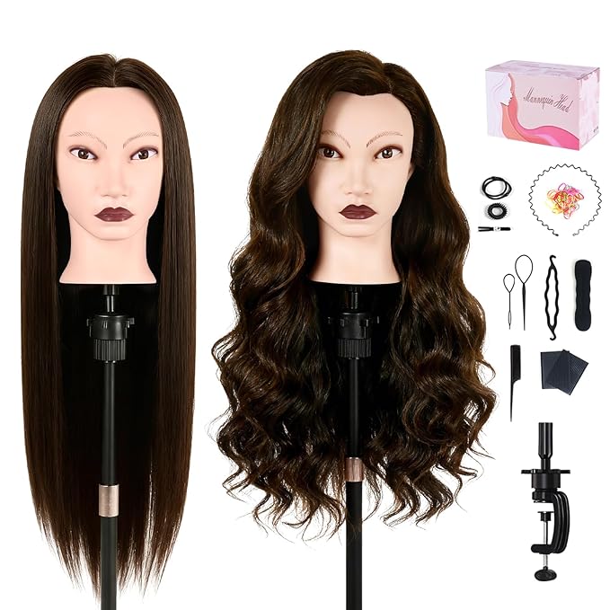 26" Mannequin Head Human Hair, Cosmetology Mannequin Head with 80% Human Hair, Practice Training Doll Head with Clamp Holder and Tools (Dark Brown) MYSWEETY