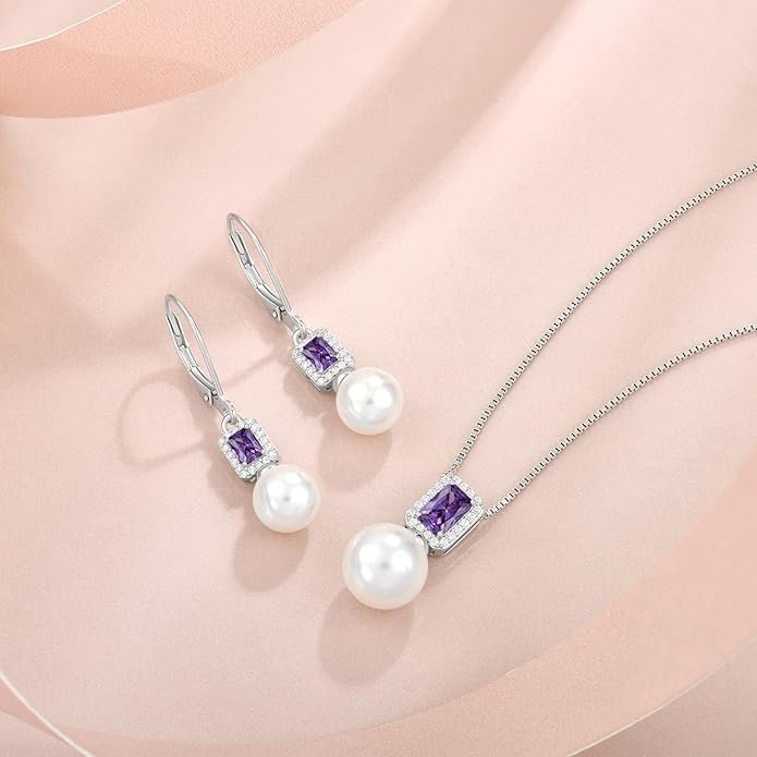 Pearl Drop Earrings Dangling 925 Sterling Silver Emerald Cut Leverback Earrings Birthstone Jewelry for Women INPASNE