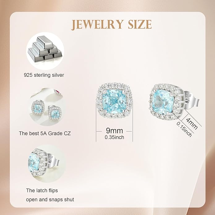 Women's Earrings 925 Sterling Silver Square Halo Stud Earrings With 5A Cubic Zirconia Birthstone Statement Earrings Jewelry Gifts for Women TIMFROZ