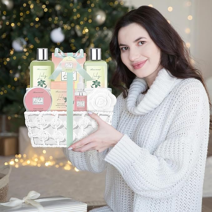 Spa Gift Baskets for Women Bath and Body Gift Set, 9pcs Spa Gifts for Women, Lily Bath Gift Set with Bubble Bath, Body Lotion, Christmas Gifts for Her Relaxing Bath Sets Ariosemonde