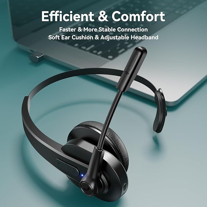 Bluetooth Headset with USB Dongle for Computer, Single-Ear Wireless Headset with Noise Cancelling Microphone for Office & Truckers, Bluetooth V5.2 with Mute Button for Work Sarevile