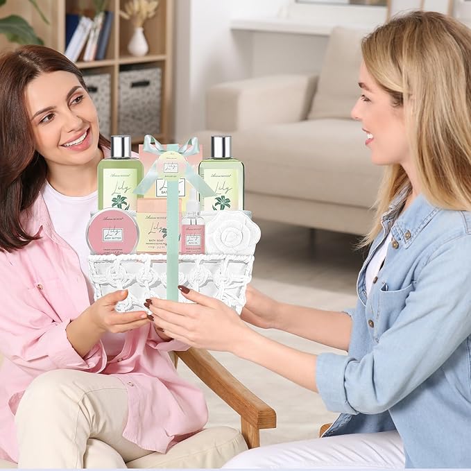 Spa Gift Baskets for Women Bath and Body Gift Set, 9pcs Spa Gifts for Women, Lily Bath Gift Set with Bubble Bath, Body Lotion, Christmas Gifts for Her Relaxing Bath Sets Ariosemonde