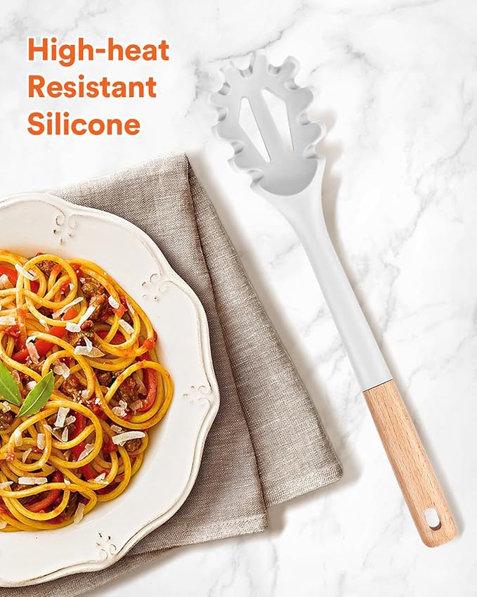 Silicone Pasta Fork, Kitchen Heat Resistant Noodle Spoon Server, BPA Free Spaghetti Strainer,12.8 inch (WHITE) BADIANO
