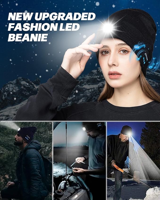 Bluetooth Beanie with Light, USB Rechargeable LED Headlamp Winter Hat, Christmas Stocking Stuffers Gifts for Men Women MOXTOYU