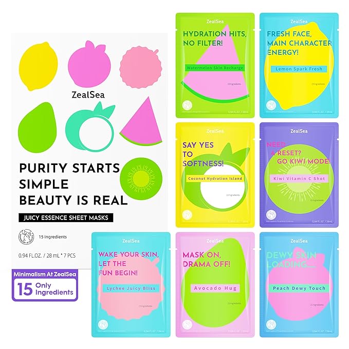 ZealSea Clean Beauty Face Masks Skincare, Minimalism 15 Ingredients Sheet Mask, Deep Hydration Facial Mask for Bouncy & Glowing, Sleepover Spa Party Supplies, Women Teen Girl Gifts Trendy Stuff, 7Pack ZealSea
