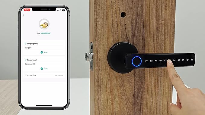ETEKJOY Smart Door Lever Lock 4-in-1 App+Fingerprint+Passcode+Key Left/Right Reversible Handle Keyless Entry Auto Lock Knob Home Office Hotel Apartment Bedroom (Black with App) ETEKJOY