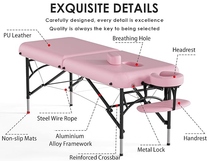 CLORIS 84" Professional Massage Table Portable 2 Folding Lightweight Facial Salon Spa Tattoo Bed Height Adjustable with Carrying Bag & Aluminium Leg Hold Up to 1100LBS Pink CLORIS-Direct
