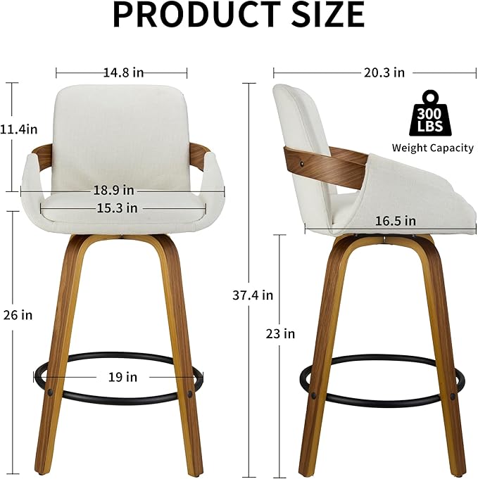 Beige Fabric Swivel Bar Stools with Back, Walnut Bentwood Mid-Century Design, Modern Set of 2 Bar Chairs with Curved Back and 360° Swivel, Ideal for Home Bars, Kitchens, Dining Spaces VipDesk