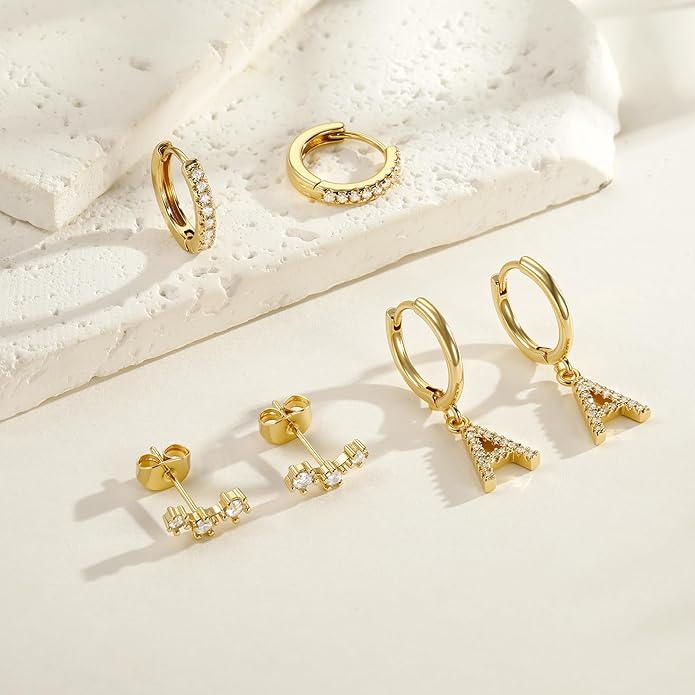 Christmas Gifts for Teen Girls Kids - 3 Pairs Gold Earrings for Women Huggie Hoop Earrings for Girls with Initial Dangle Cartilage Earring Studs Hypoallergenic Earring Set for Multiple Piercing JIAOGE