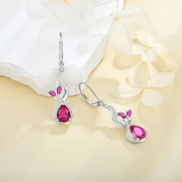 Infinity Butterfly Earrings 925 Sterling Silver Birthstone Dangle Drop Leverback Earrings Cubic Zirconia Hypoallergenic Jewelry Birthday Christmas Gifts for Women Mother Wife Her FYNSBLE