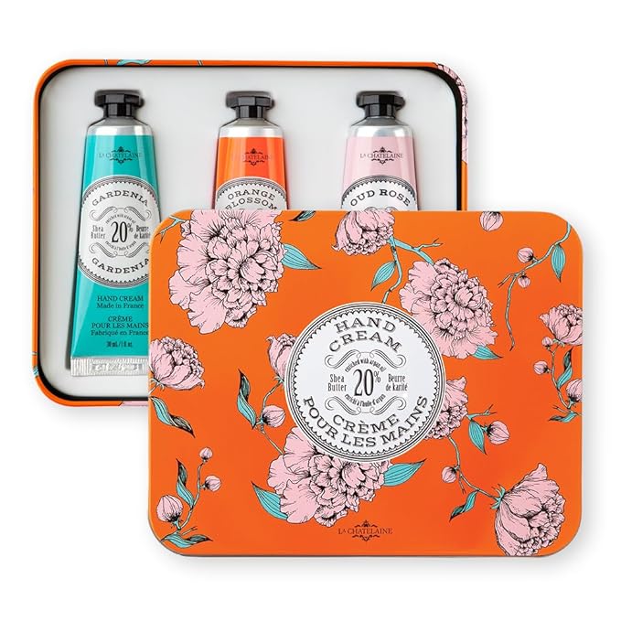 La Chatelaine Hand Cream Trio Tin, Holiday Gift Set, Natural Hand Lotion, Made in France with 20% Organic Shea Butter, Nourishing (Gardenia or Coconut Milk, Orange Blossom, Oud Rose) 3 x 1 fl. oz LaChatelaine