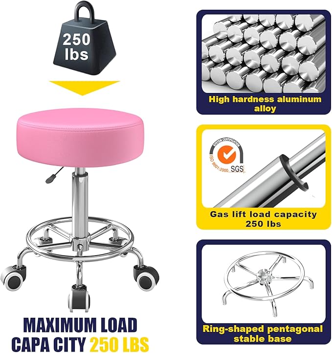 Rolling Stool, Heavy Weight Capacity 250lb, PU Leather Rolling stools, Ultra Soft Padded Seat, Rolling Stools with Wheels and Footrest, 360° Swivel, Spa Drawing Salon Work Office Tattoo Stool (pink) YEEZEE