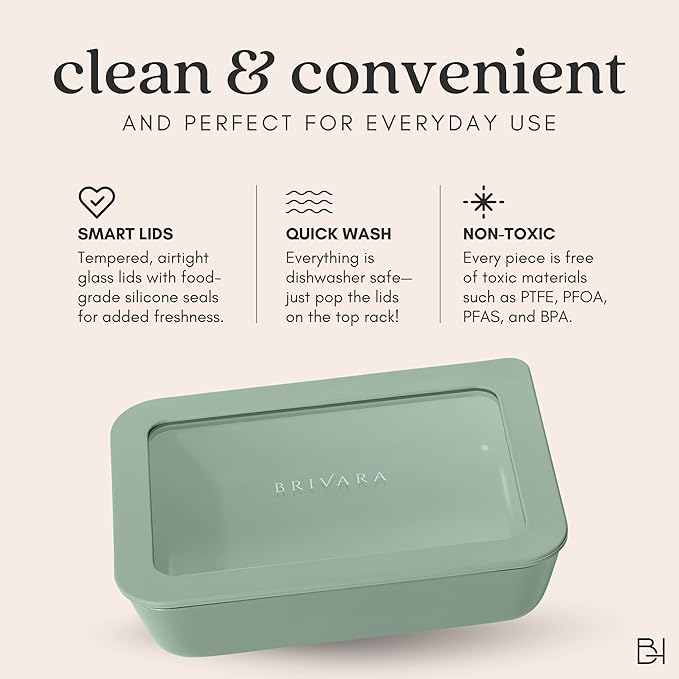 Ceramic Coated Glass Food Storage Container | No PTFE, PFOA, PFAS, and BPA | Reusable Non Toxic Meal Prep Container with Glass Lid | Easy To Store | 6 Piece Food Prep [Willow] BrivaraHome