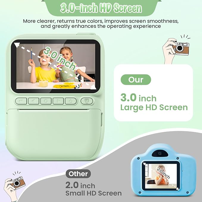 Kids Camera Instant Print, 3.0" HD 32MP 1080P Toddler Digital Camera with 3 Rolls of Printer Paper, Birthday Gifts Toy for 3-12 Year Old Girls Boys with 32GB SD Card-Green Gofunly