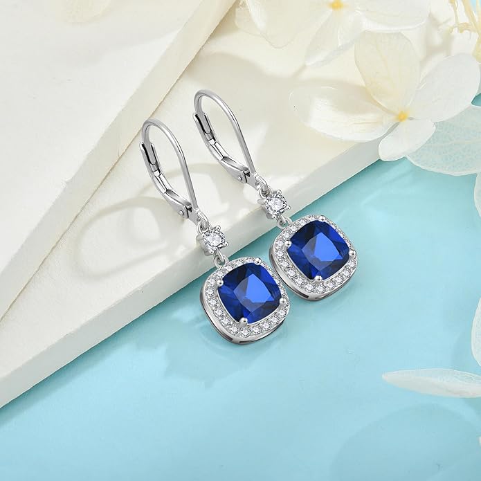 Women Leverback Earrings 925 Sterling Silver Princess Cut Halo Earrings Birthstone Dangle Drop Earrings for Women Her Mom Wife INPASNE