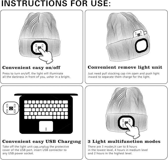 ATNKE Kids LED Lighted Beanie Cap,USB Rechargeable 4 LED Running Headlamp Lined Fleece Hat Light Gift for Boys and Girls ATNKE