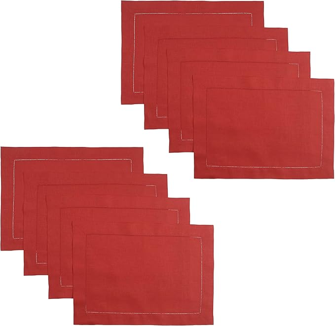 D'Moksha Homes Linen Placemats Set of 4 - Classic Hemstitch Bright Red Placemats 14 x 19 Inch - 100% Pure Linen Table Mats for Fall, Autumn and Halloween - Handcrafted and Machine Washable DMokshaHomes