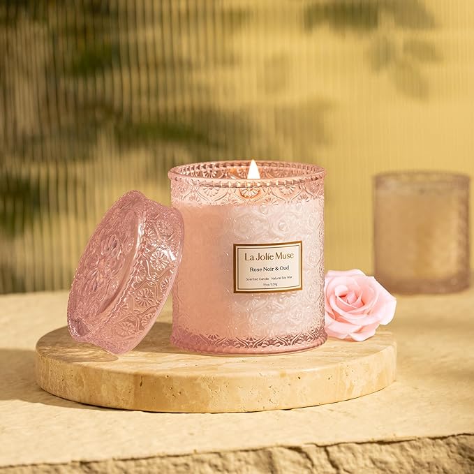 LA JOLIE MUSE Rose Noir & Oud Scented Candle – Lemon, Rose & Oud |19 oz Large Wooden Wick Candle | Natural Soy Wax | 90 Hours Clean Burn | Gift-Ready for Hosts & Gatherings | Elegant Home Décor LaJol%C3%ADeMuse