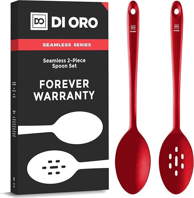DIORO Silicone Mixing & Serving Spoons - Large Heat-Resistant Non Stick Utensils Big Solid & Slotted Basting & Stirring Spoons - Dishwasher Safe (2pc, Red) DIORO