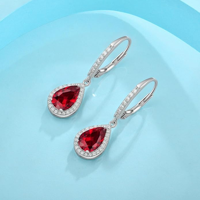 FJ Teardrop Dangle Drop Earrings 925 Sterling Silver Halo Leverback Earrings Birthstone Jewelry Gifts for Women FJ