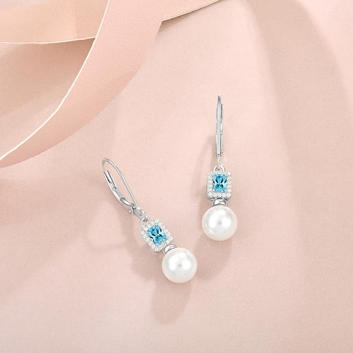 Pearl Drop Earrings Dangling 925 Sterling Silver Emerald Cut Leverback Earrings Birthstone Jewelry for Women INPASNE