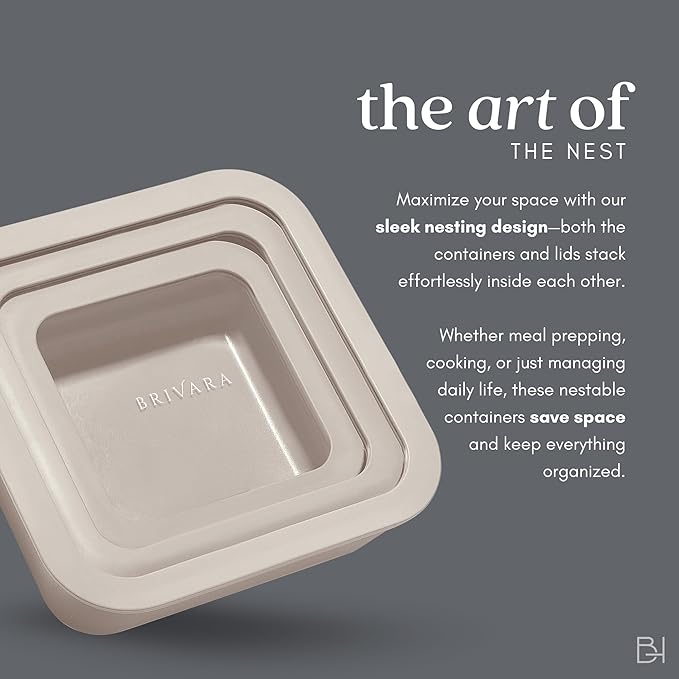 Ceramic Coated Glass Food Storage Container | No PTFE, PFOA, PFAS, and BPA | Reusable Non Toxic Meal Prep Container with Glass Lid | Easy To Store | 6 Piece Food Prep [Crema] BrivaraHome