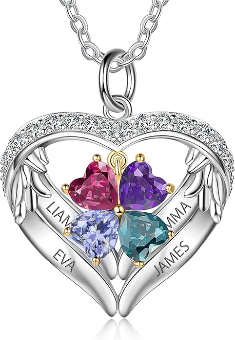 GLAMCARAT Personalized sterling silver pendant necklace with birthstone and name mothers jewelry heart shaped necklace for her birthstone necklace GLAMCARAT