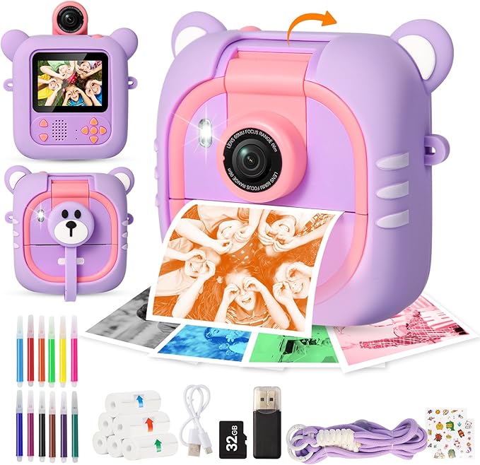 Kids Camera Instant Print, 7 Print Paper (4 Color: O/R/G/B+3 B&W), 2.4" Screen Instant Camera for Kids Ages 3-12,1080P, 180°Flip Lens,32GB Card- Christmas Birthday Present for Boys & Girls,M2 ARNSSIEN