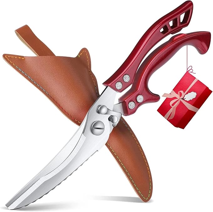 Poultry Shears, Red Heavy Duty Kitchen Shears with Serrated Edge, No Rust Spring Loaded, Multipurpose Stainless Steel Kitchen Scissors for Chicken Meat, Turkey, Fish, Christmas Gifts for Men Women DreamReach