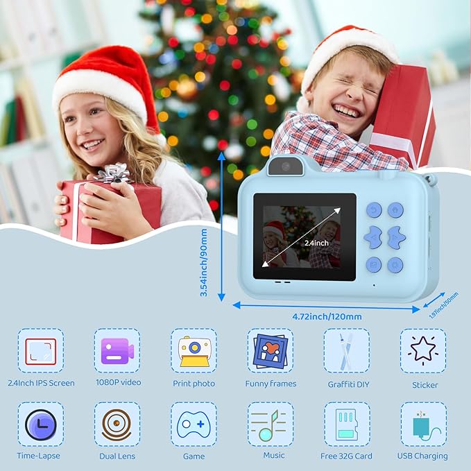 Kids Camera Instant Print, 1080P HD Dual-Lens Selfie,Toddler Digital Camera with 5 Rolls Paper & 32GB Card, Children Christmas Birthday Gifts Toys for Age 3 4 5 6 7 8 9 10 11 12 Years Old Girls Boys xuweicn