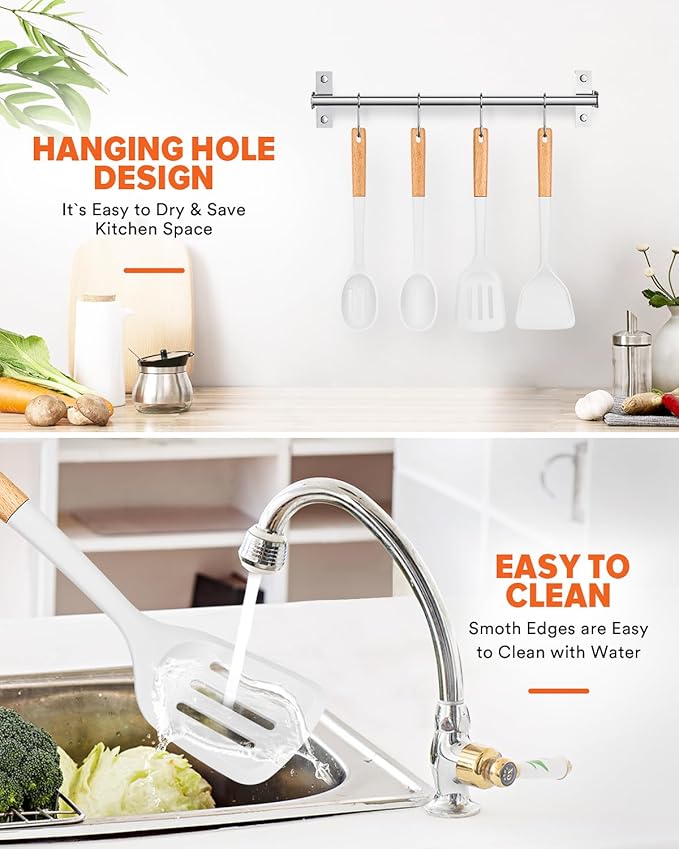 Silicone Cooking Utensils Set, Perfectly Angled for Frying, Mixing,Serving,Draining,Turning and Stirring, BPA-Free Matte Silicone, Wood Handles, Safe for Nonstick Cooking Surfaces,4 Pack (White) BADIANO