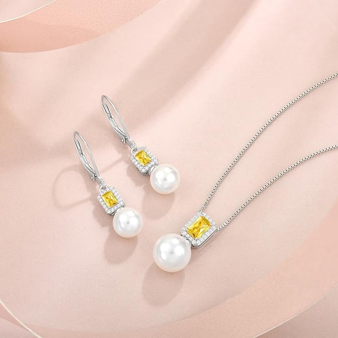 Pearl Drop Earrings Dangling 925 Sterling Silver Emerald Cut Leverback Earrings Birthstone Jewelry for Women INPASNE