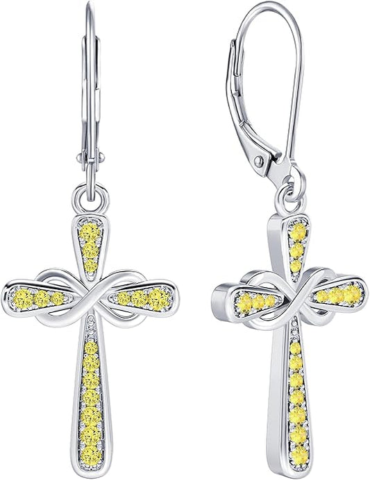 YL Cross Earrings 925 Sterling Silver Infinity Dangle Drop Earrings Birthstone Criss Leverback Jewelry YL