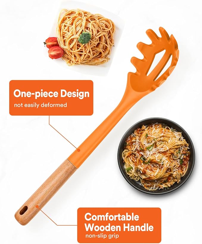 Silicone Pasta Fork, Kitchen Heat Resistant Noodle Spoon Server, BPA Free Spaghetti Strainer,12.8 inch (ORANGE) BADIANO