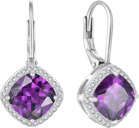 Square Princess Cut Dangle Drop Earrings 925 Sterling Silver Halo Solitaire Leverback Earrings Birthstone Jewelry for Women LWSARY