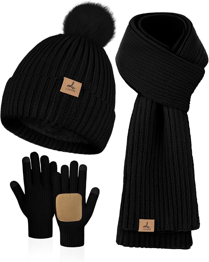 LOROME Women Winter Beanie Hat Scarf Gloves Set, Fleece Knitted Pompom Hat Warm Neck Scarf Touchscreen Gloves Winter Gift LOROME