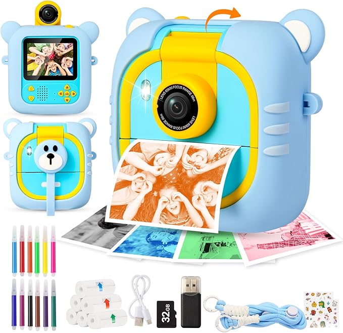 Kids Camera Instant Print, 7 Print Paper (4 Color: O/R/G/B+3 B&W), 2.4" Screen Instant Camera for Kids Ages 3-12,1080P, 180°Flip Lens,32GB Card- Christmas Birthday Present for Boys & Girls,M2 ARNSSIEN