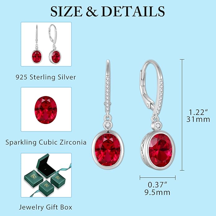 FJ Oval Cut Dangle Drop Earrings 925 Sterling Silver Leverback Earrings Birthstone Jewelry Gifts for Women FJ