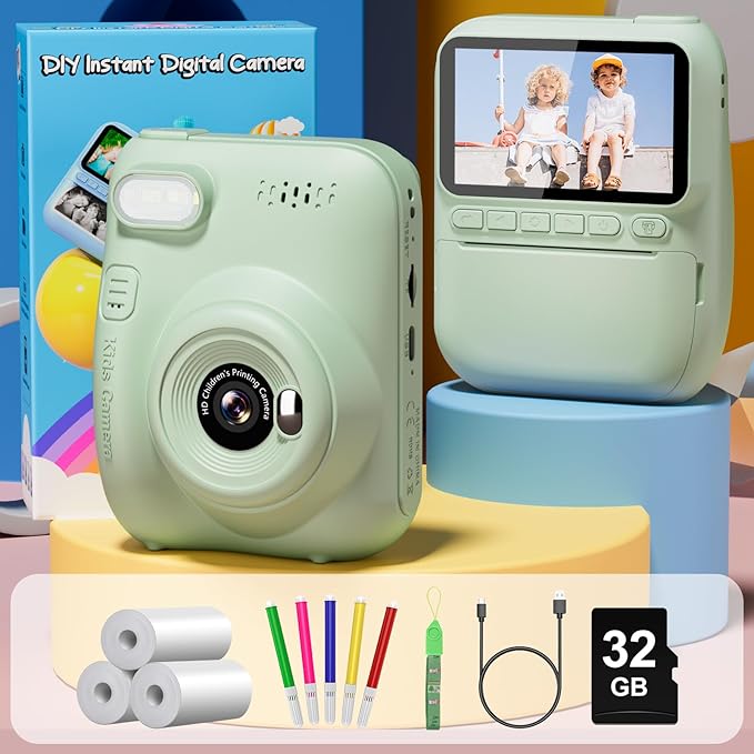Kids Camera Instant Print, 3.0" HD 32MP 1080P Toddler Digital Camera with 3 Rolls of Printer Paper, Birthday Gifts Toy for 3-12 Year Old Girls Boys with 32GB SD Card-Green Gofunly
