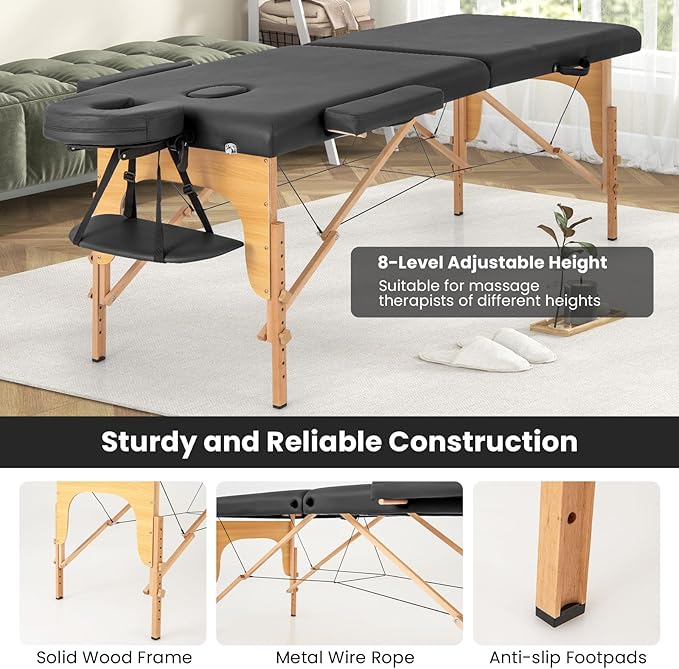 Giantex Massage Table, Portable Massage Bed w/Carrying Case, 2-Section Salon Spa Facial Care Tattoo Bed, Height Adjustable, Wood Frame, Professional Massage Lash Bed for Eyelash Extension (Black) Giantex