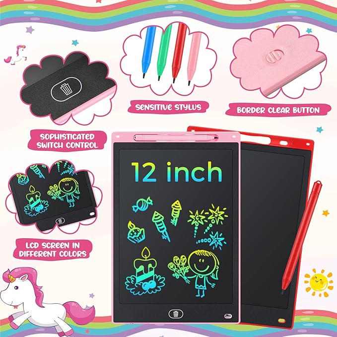 8 Pcs 12 Inch LCD Writing Tablet for Kids Bulk Doodle Board Colorful Doodle Pad Writing Board Electronic Drawing Tablet for Kids Toddlers Learning Birthday Day Gifts for Girls Boys (Black Trim) Zhehao