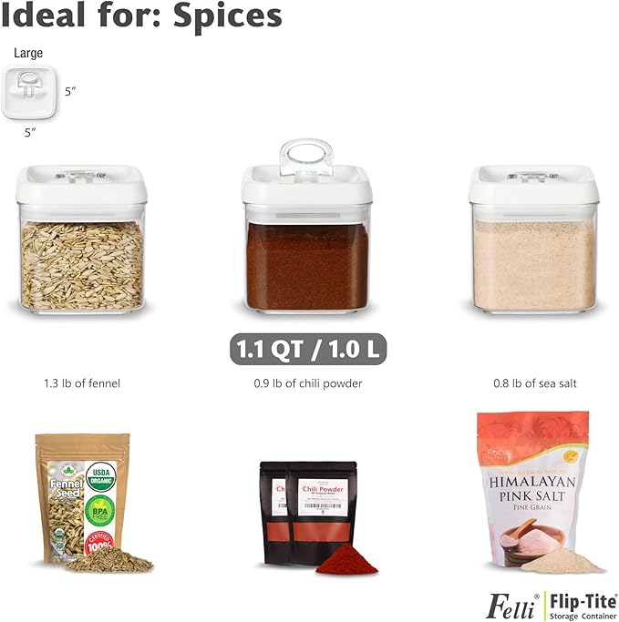 Felli Flip Tite Food Storage Container 5" LARGE Size Airtight Lid Lock Top, Stackable Kitchen Canister for Space Saving, Pantry Fridge Cupboard Organizer, Spice Seasoning Pet Treats Snack (1.1 qt) Felli