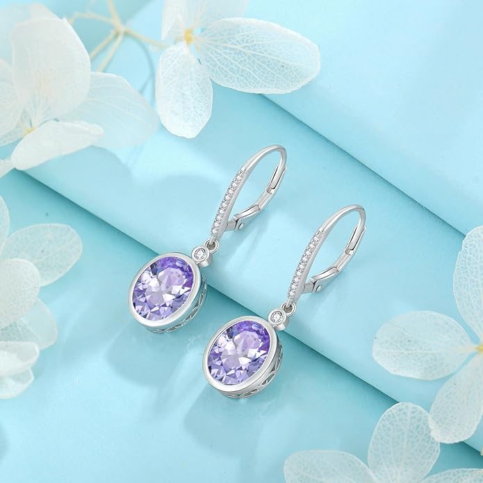 FJ Oval Cut Dangle Drop Earrings 925 Sterling Silver Leverback Earrings Birthstone Jewelry Gifts for Women FJ