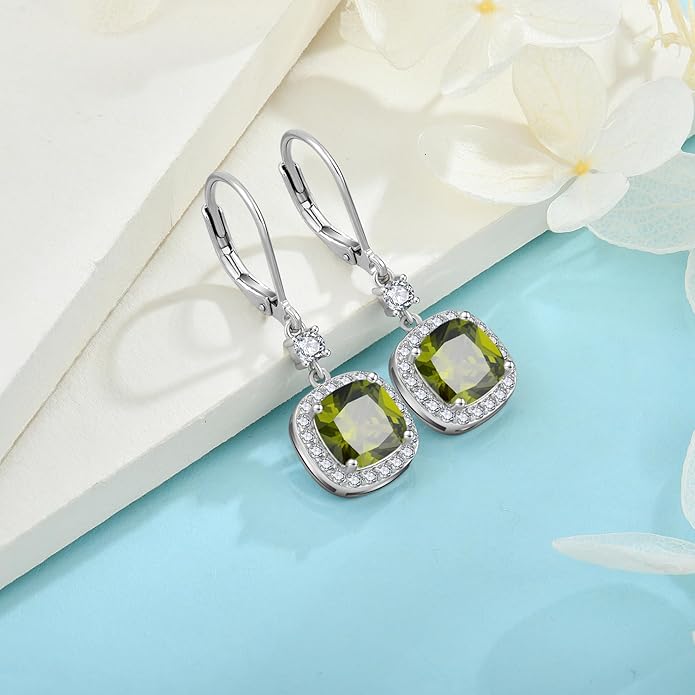 Women Leverback Earrings 925 Sterling Silver Princess Cut Halo Earrings Birthstone Dangle Drop Earrings for Women Her Mom Wife INPASNE