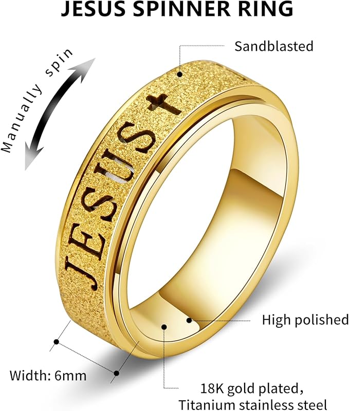OreilleStar Fidget Spinner Anxiety Ring for Women: Fidget Toys Adults Cute Jesus Thumb Ring Stainless Steel Gold Silver Size 5 6 7 8 9 10 (Gold, 7)
