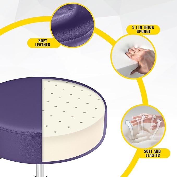 Rolling Stool, Heavy Weight Capacity 250lb, PU Leather Rolling stools, Ultra Soft Padded Seat, Rolling Stools with Wheels and Footrest, 360° Swivel, Spa Drawing Salon Work Office Tattoo Stool (Purple) YEEZEE