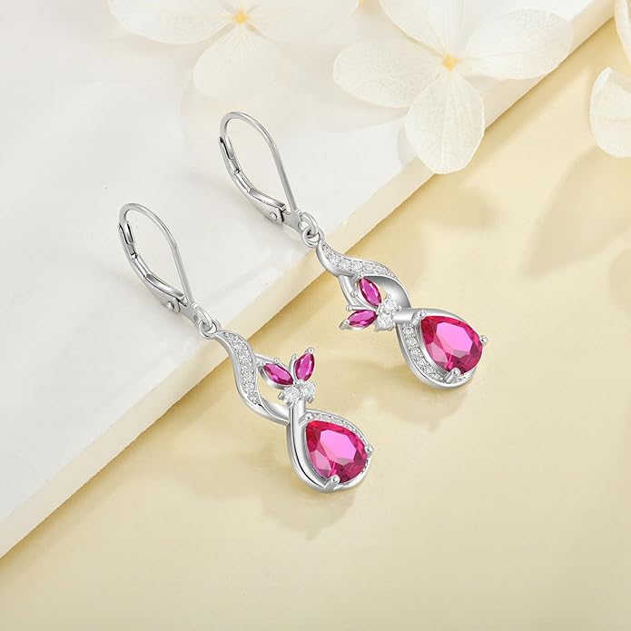 Infinity Butterfly Earrings 925 Sterling Silver Birthstone Dangle Drop Leverback Earrings Cubic Zirconia Hypoallergenic Jewelry Birthday Christmas Gifts for Women Mother Wife Her FYNSBLE