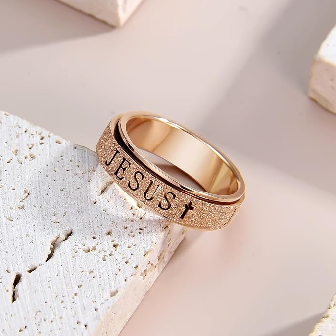 OreilleStar Fidget Spinner Anxiety Ring for Women: Fidget Toys Adults Cute Jesus Thumb Ring Stainless Steel Gold Silver Size 5 6 7 8 9 10 (Rose Gold, 9)