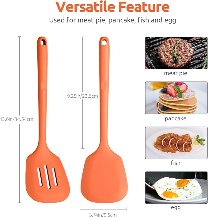 600ºF Heat Resistant Silicone Turners: U-Taste 13.6in Long Solid & Slotted Kitchen Spatula Flipper, Large Flexible Cooking Utensil for Flipping Egg, Pancake in Nonstick Cookware(Orange, 2PCS) U-Taste